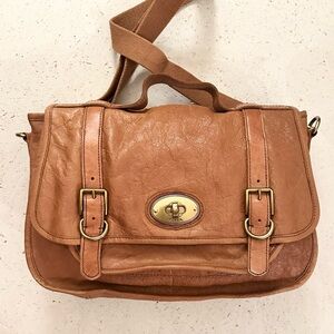 Fossil Tan Leather Crossbody Satchel with Gold Hardware